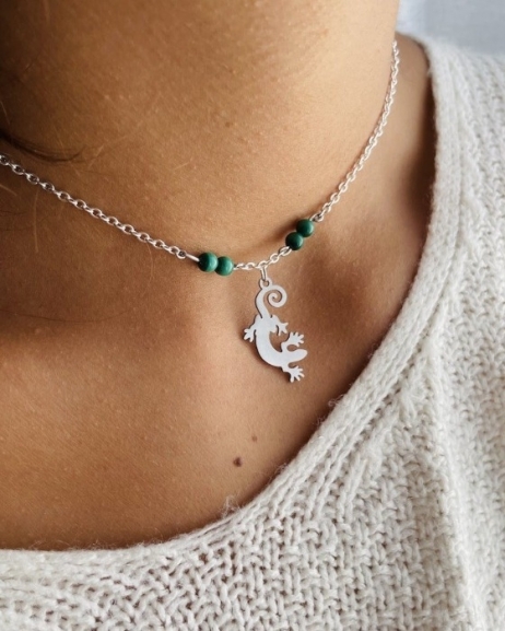 Collier Gecko avec pierre en Malachite