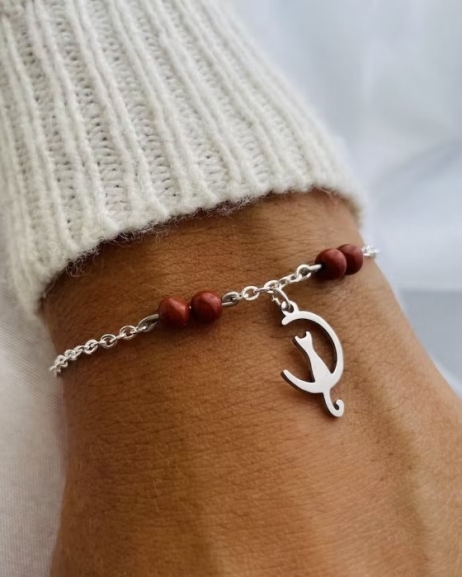 Bracelet pendentif Chat et Jaspe rouge